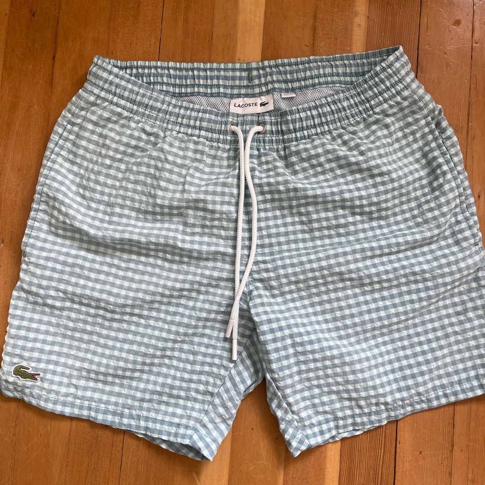 LACOSTE BOYS SWIM TRUNKS ( size small ) blue checkered